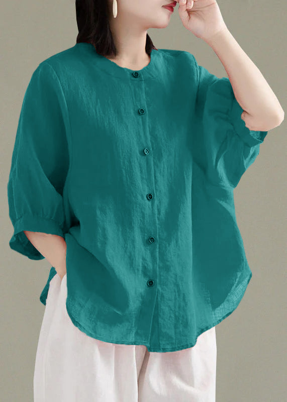 Art Print4 O-Neck Button Linen Loose Shirt Top Lantern Sleeve