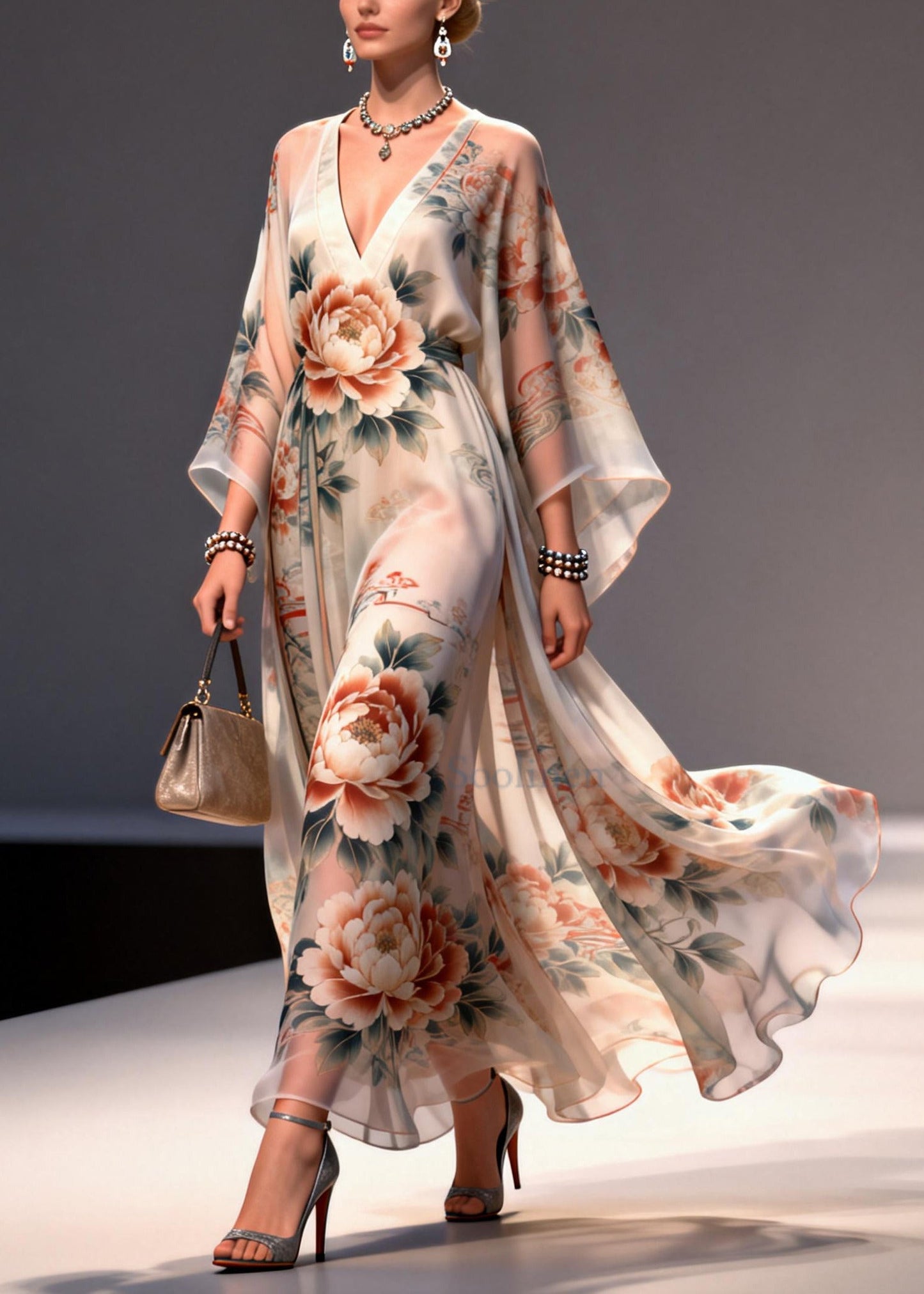 Apricot Floral Print Chiffon Maxi Dresses Exra Large Hem Summer