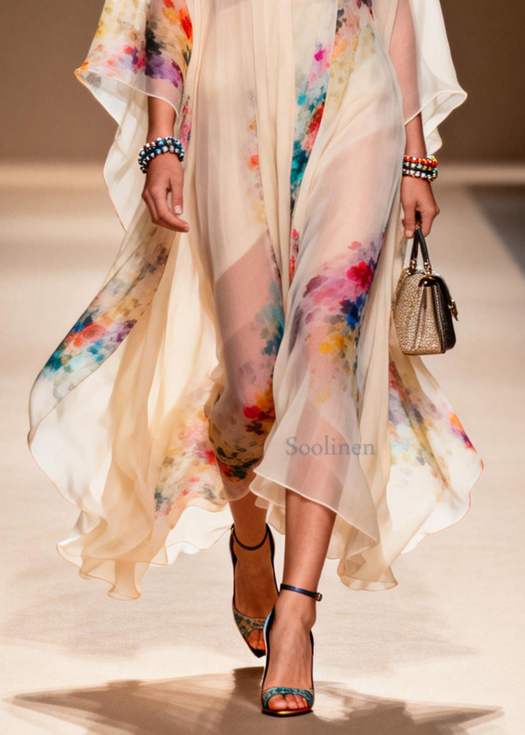 Apricot Print Chiffon Long Dresses Oversized Summer