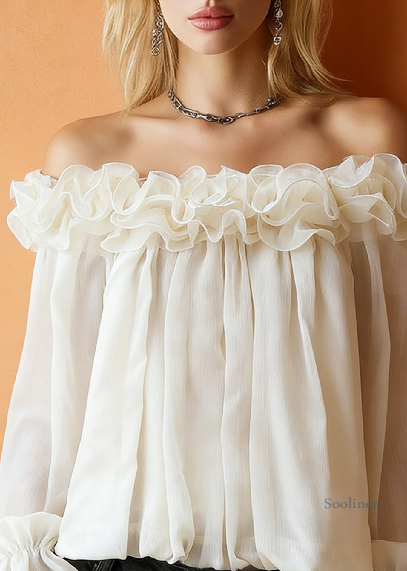 Apricot Ruffled Solid Blouses Slash Neck Spring