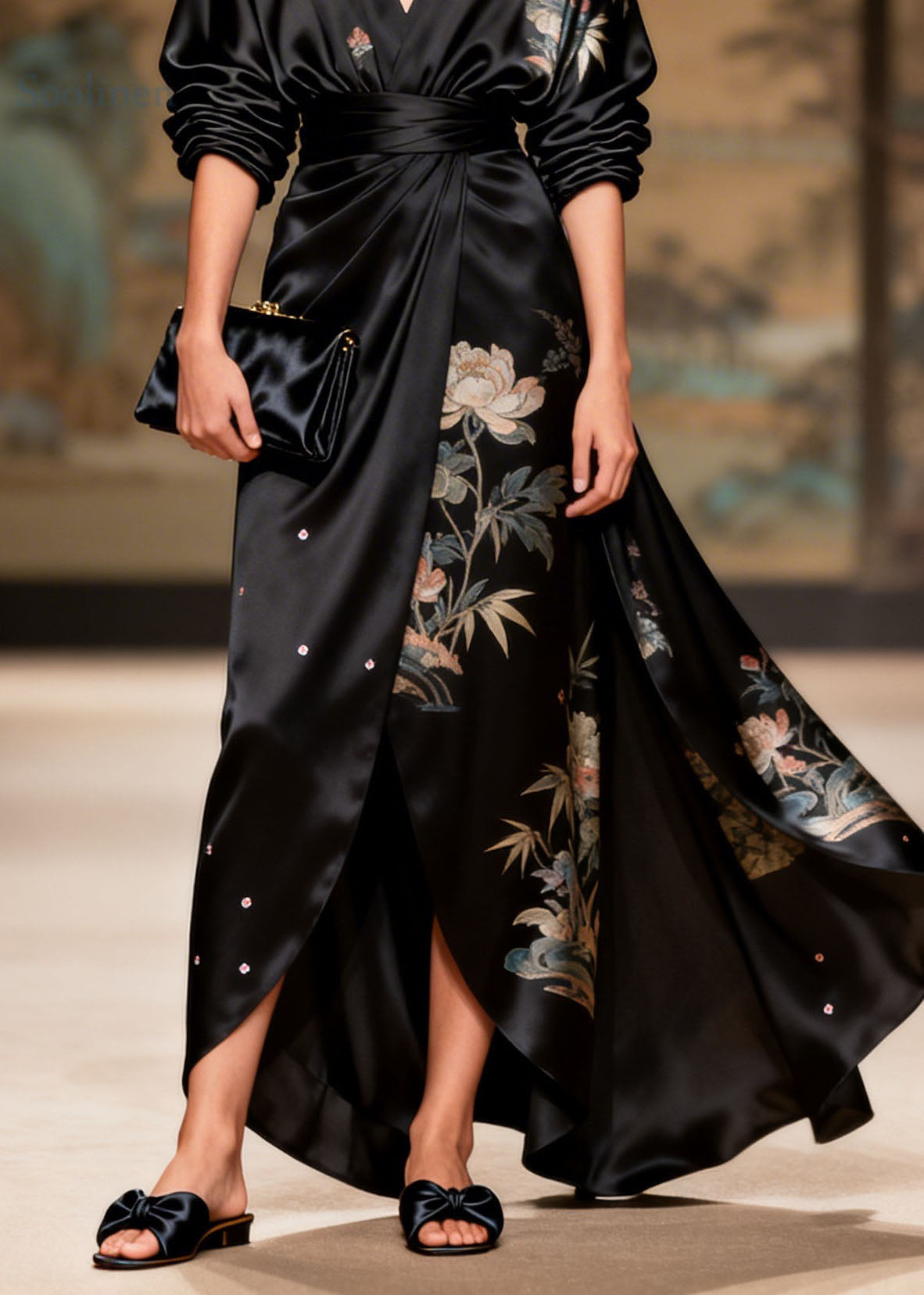 Art Black V Neck Asymmetrical Design Print Sequins Silk Dresses Summer