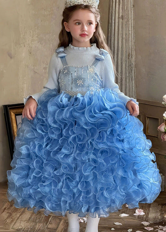 Art Blue Patchwork Sequins Tulle Kids Long Spaghetti Strap Dresses Summer