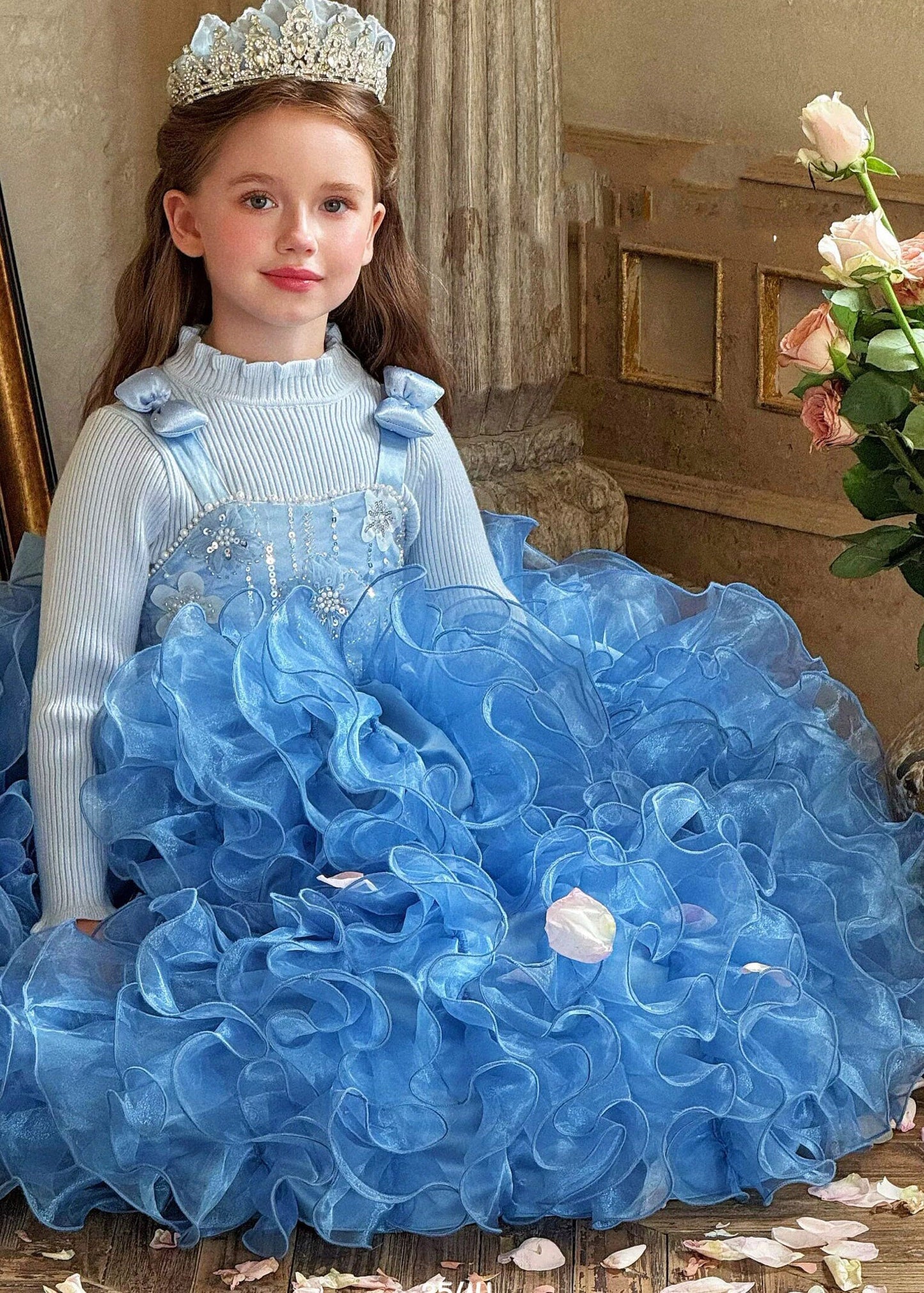 Art Blue Patchwork Sequins Tulle Kids Long Spaghetti Strap Dresses Summer