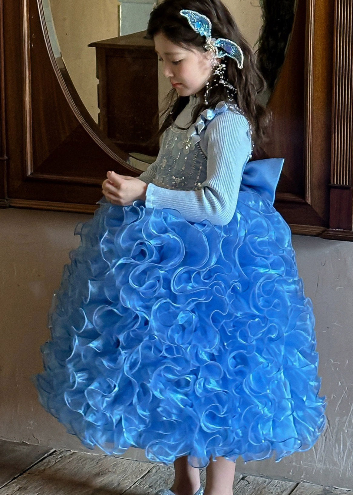 Art Blue Patchwork Sequins Tulle Kids Long Spaghetti Strap Dresses Summer