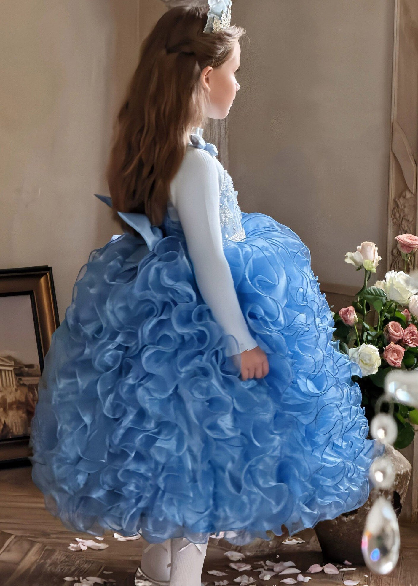 Art Blue Patchwork Sequins Tulle Kids Long Spaghetti Strap Dresses Summer