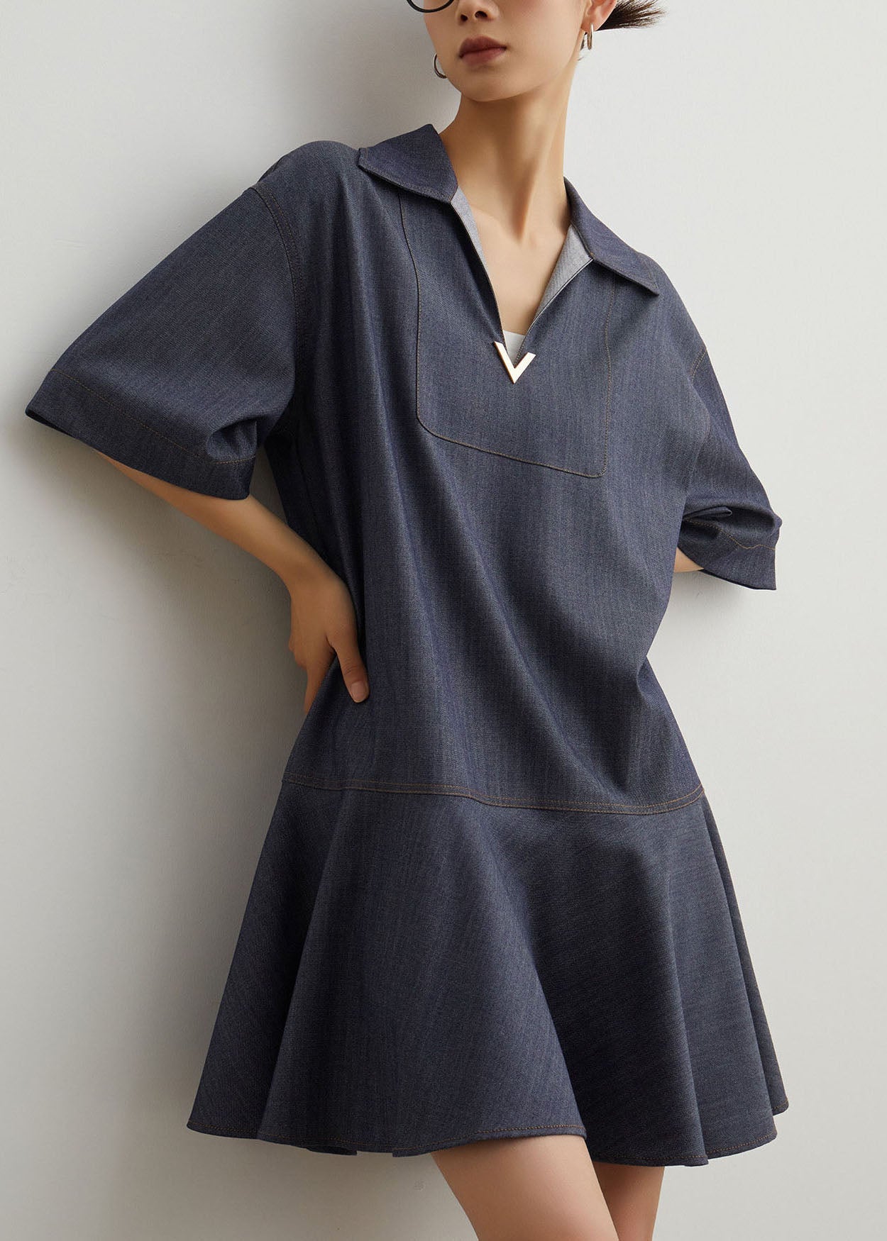 Art Blue Peter Pan Collar Patchwork Denim T Shirt Dress Summer