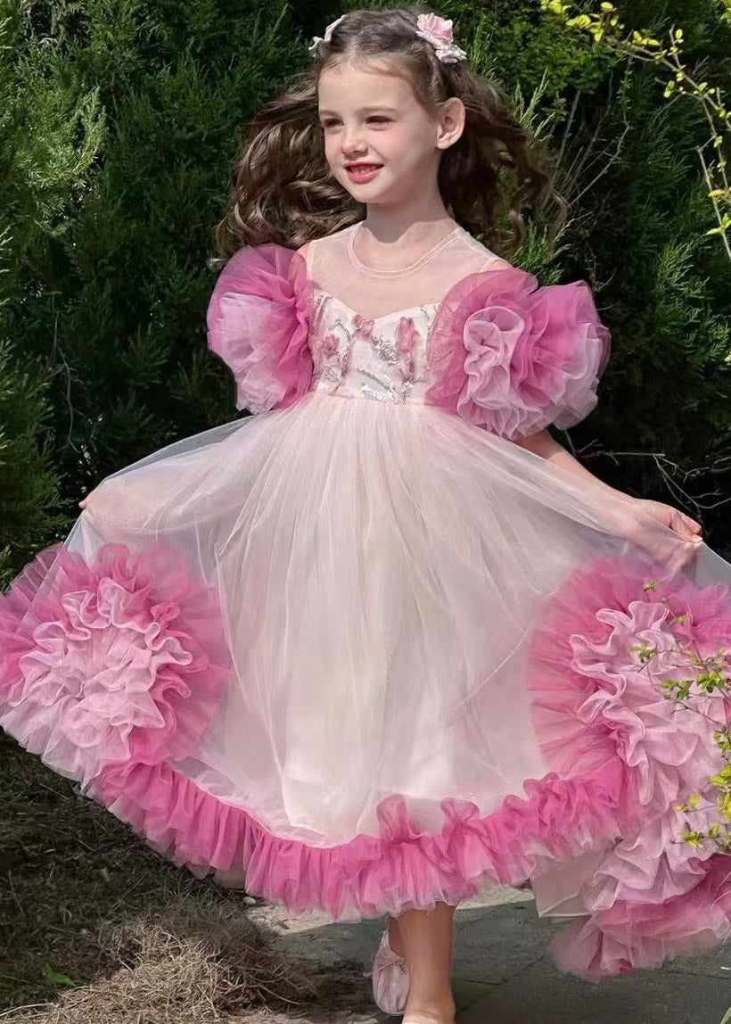 Art Colorblock Patchwork Floral Tulle Kids Maxi Dress Summer