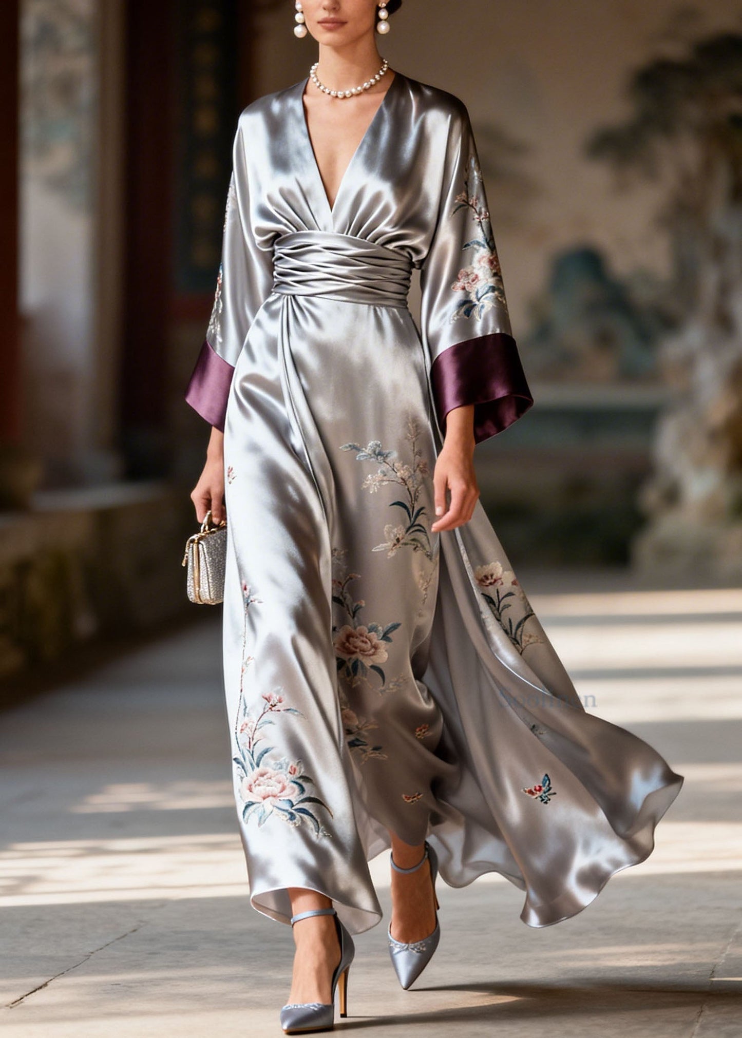 Art Colorblock V Neck Print Patchwork Silk Dresses Summer