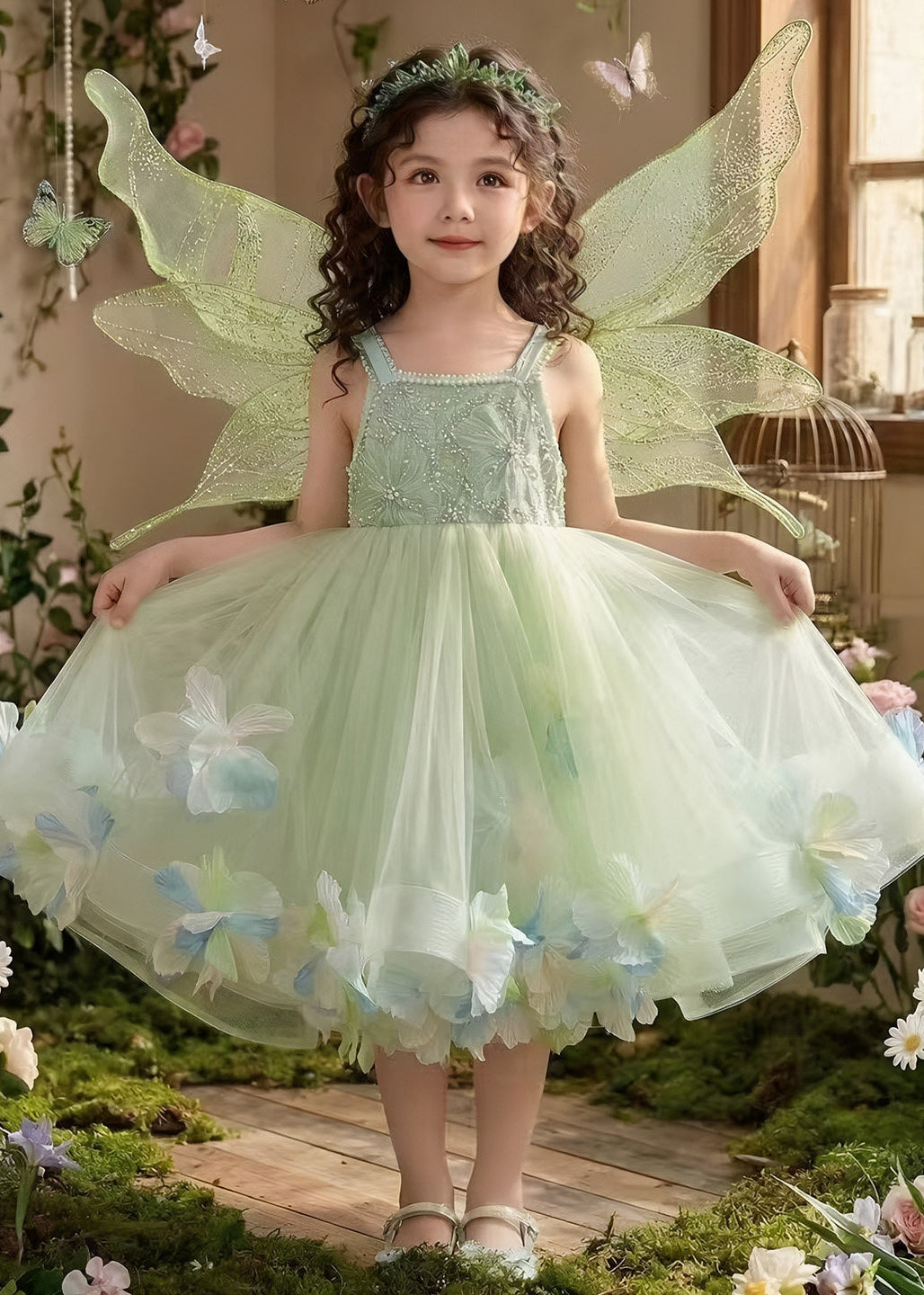 Art Green Embroideried Floral Tulle Baby Girls Cami Dress Summer