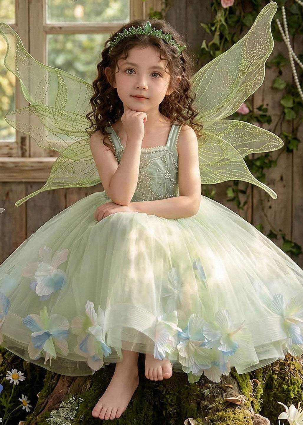 Art Green Embroideried Floral Tulle Baby Girls Cami Dress Summer