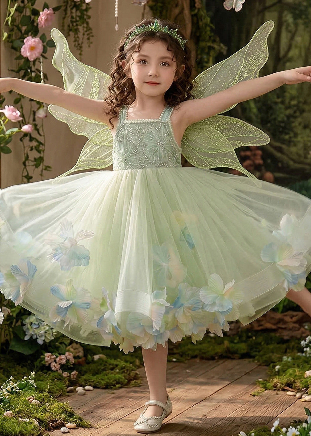 Art Green Embroideried Floral Tulle Baby Girls Cami Dress Summer