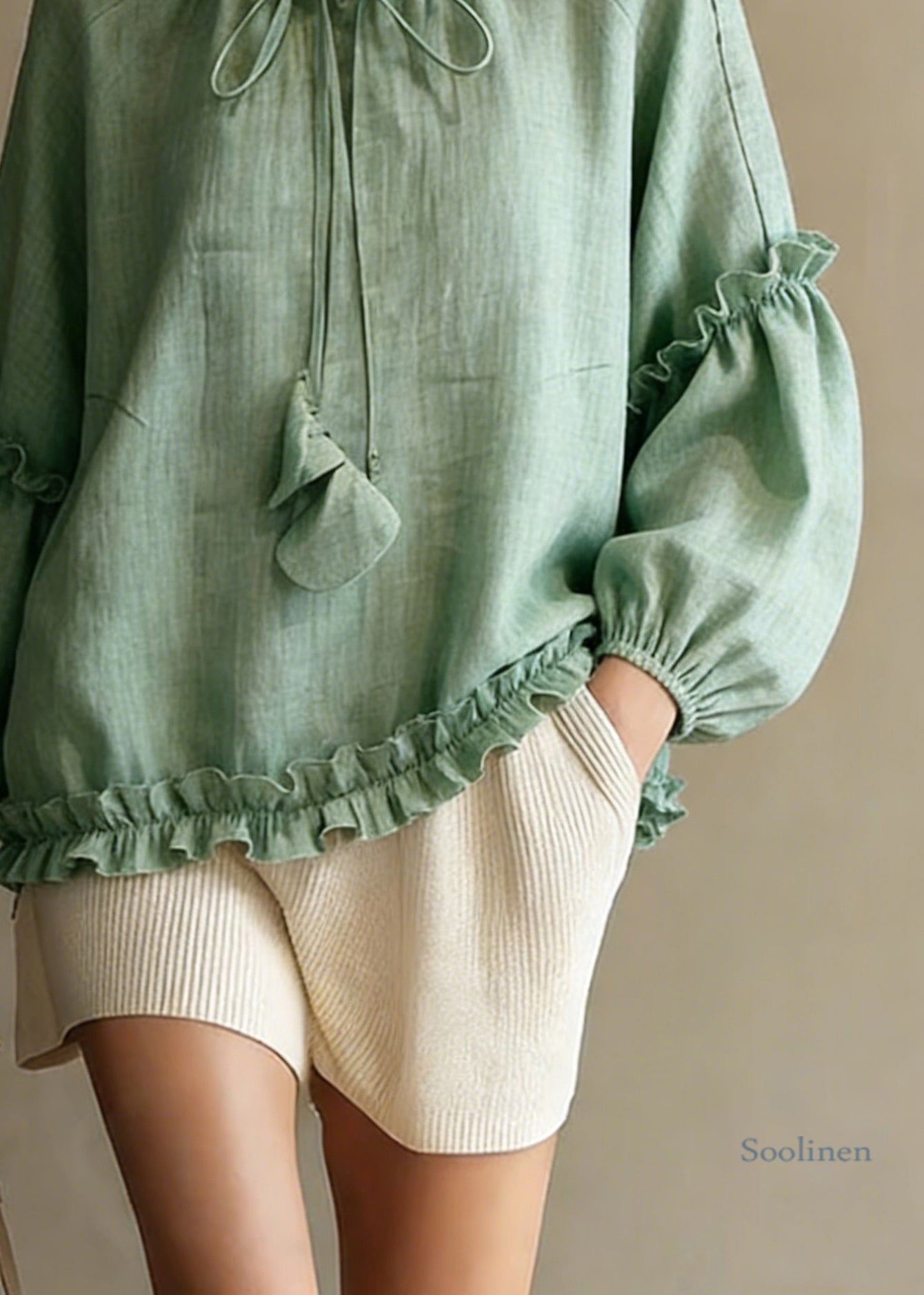 Art Green Ruffled Lace Up Cotton Shirts Spring