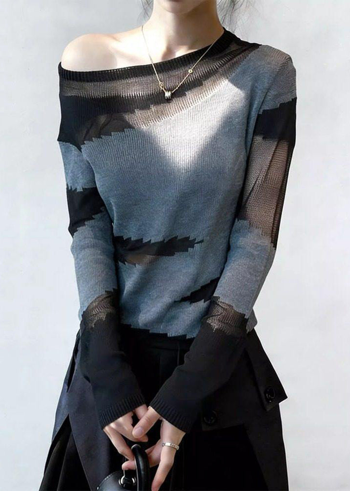 Art Grey Hollow Out Patchwork Thin Knit T Shirts Spring