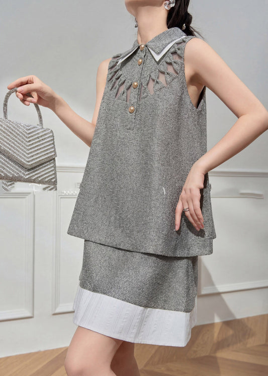 Art Grey Peter Pan Collar Hollow Out Top And Skirts Two Pieces Set Summer