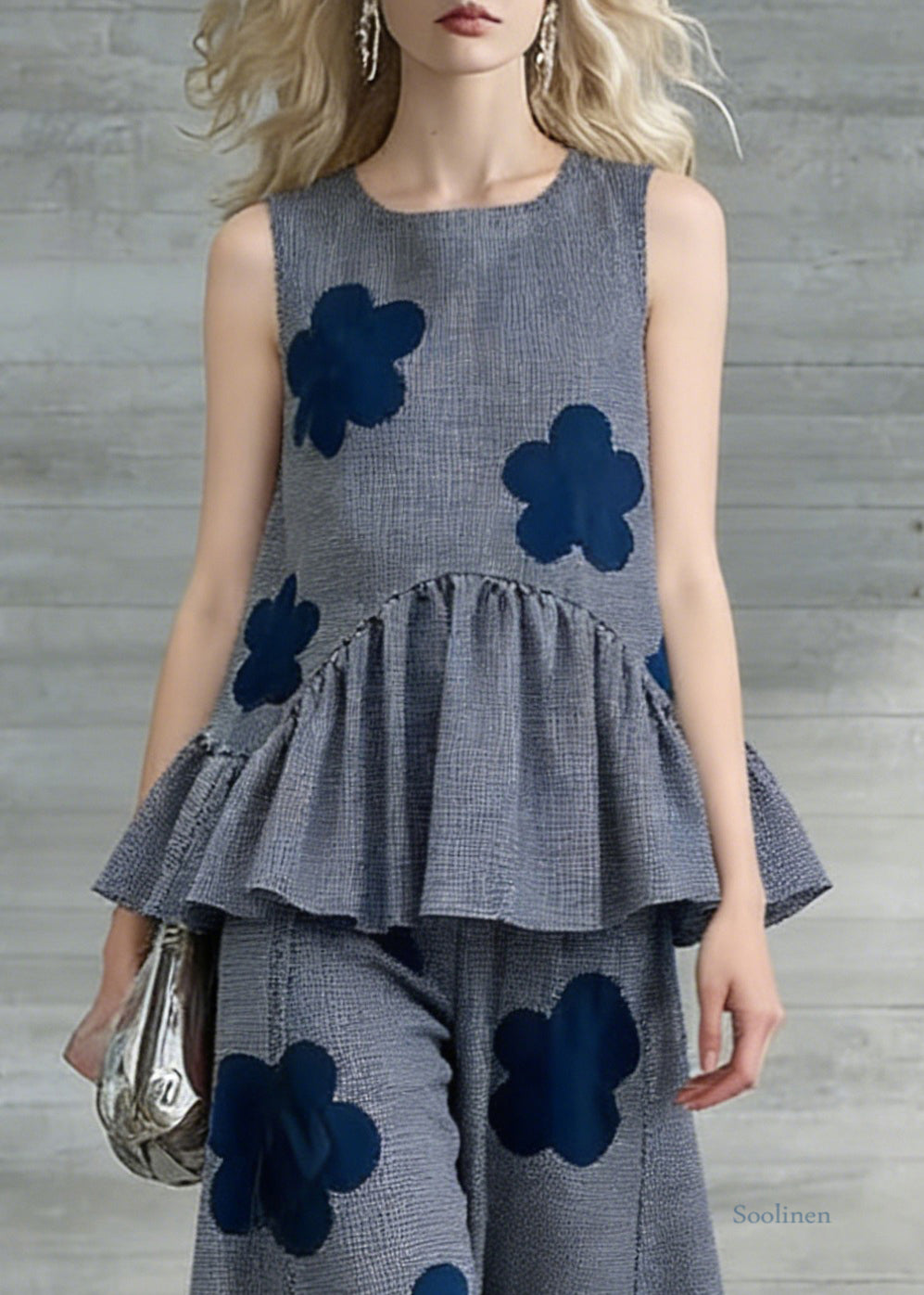 Art Grey Plaid Floral Tops And Crop Pants Two Pieces Set Sleeveless