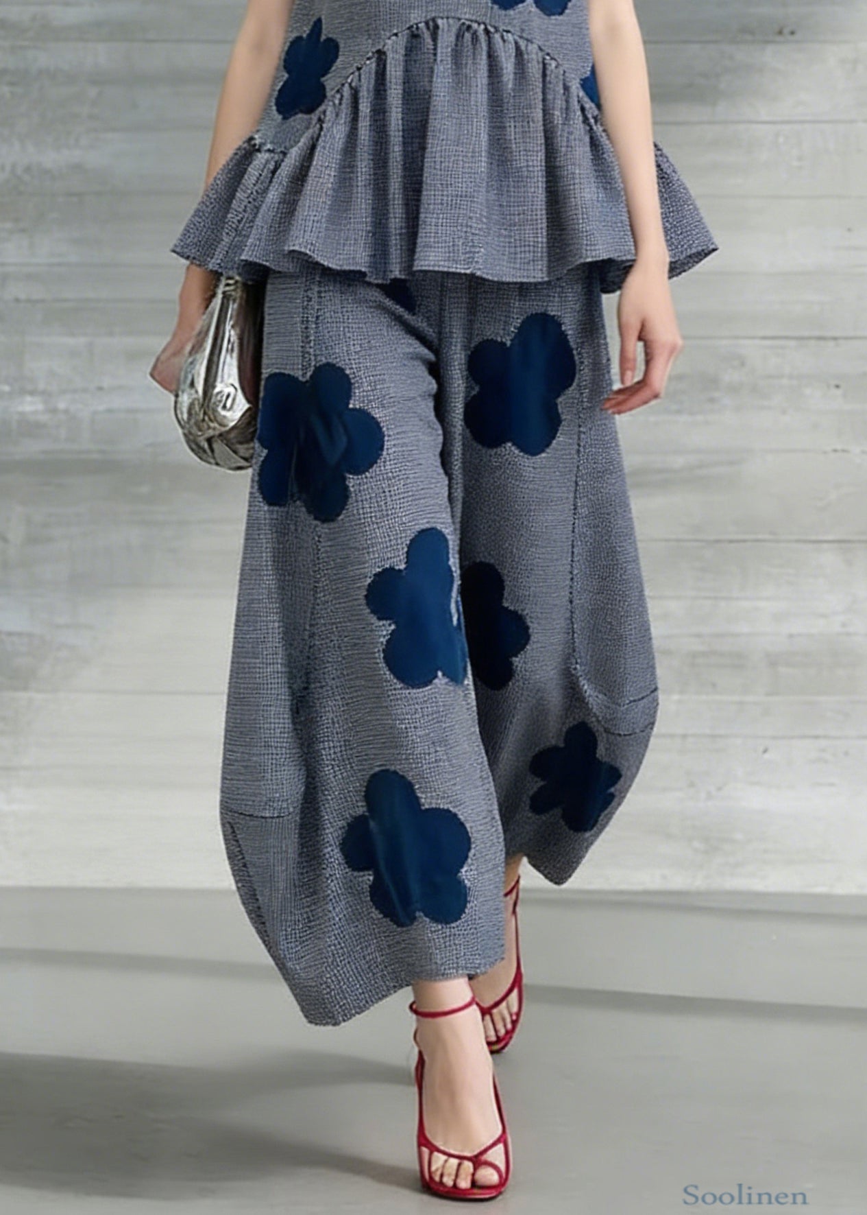 Art Grey Plaid Floral Tops And Crop Pants Two Pieces Set Sleeveless