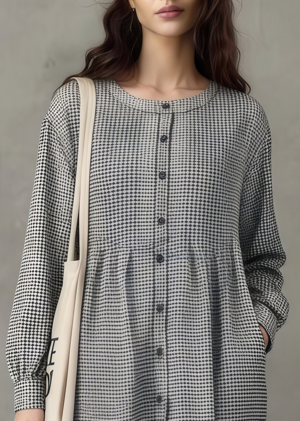 Art Grey Plaid Oversized Patchwork Lace A Line Dress Spring