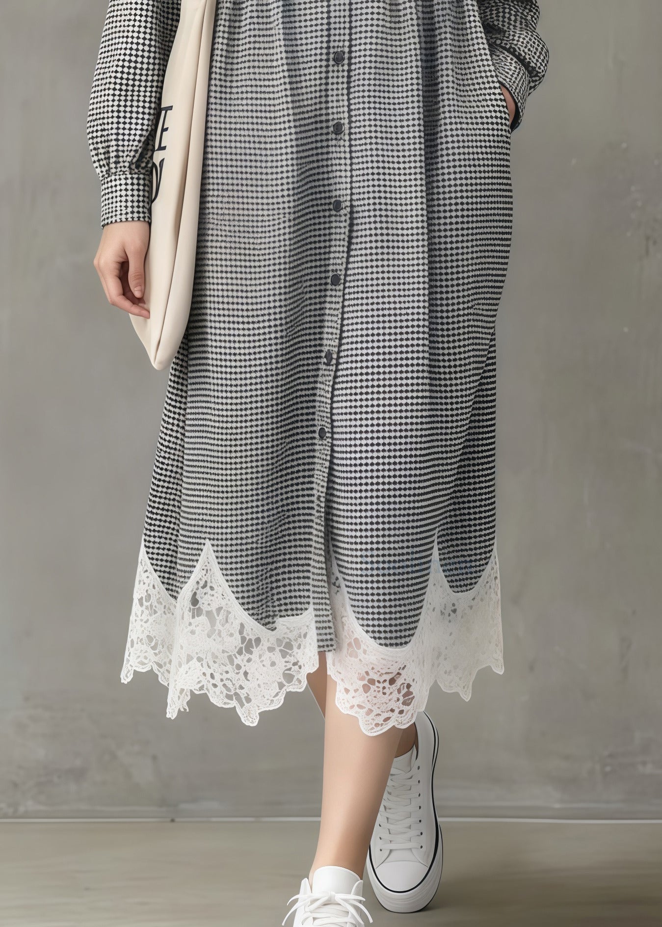 Art Grey Plaid Oversized Patchwork Lace A Line Dress Spring