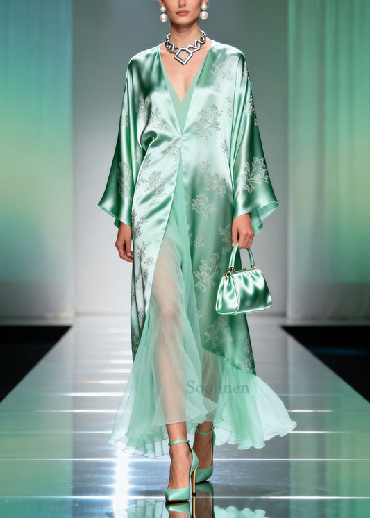 Art Lake Green Jacquard Patchwork Tulle Silk Long Dresses Spring