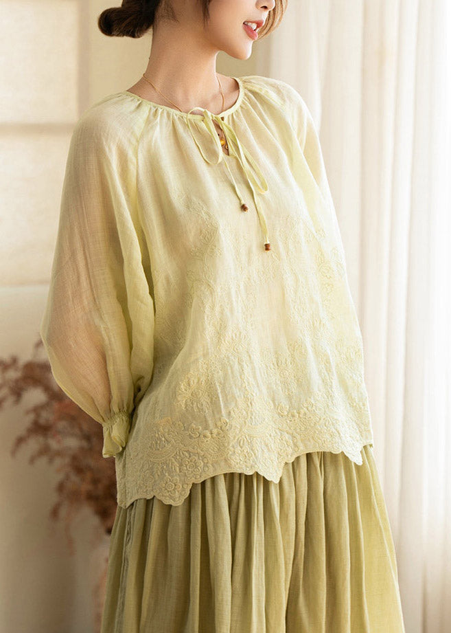 Art Light Purple Print Tie Lace Linen Top Lantern Sleeve