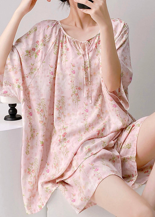 Art Pink Tie Lace Top And Shorts Pajama Set Summer