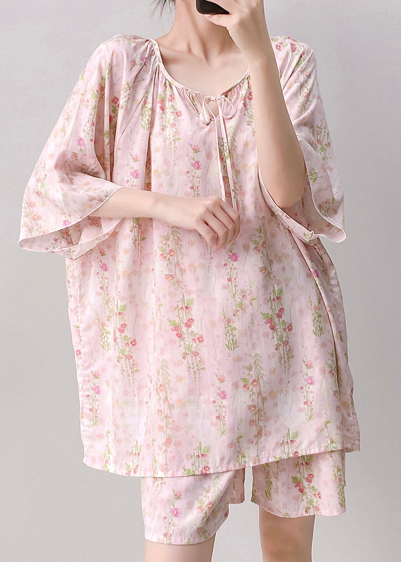 Art Pink Tie Lace Top And Shorts Pajama Set Summer
