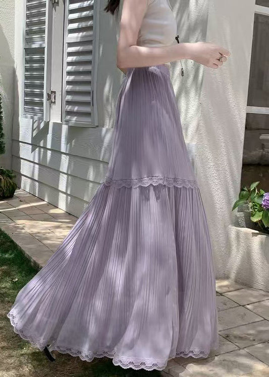 Art Purple High Waist Patchwork Lace Wrinkled Chiffon Skirts Summer