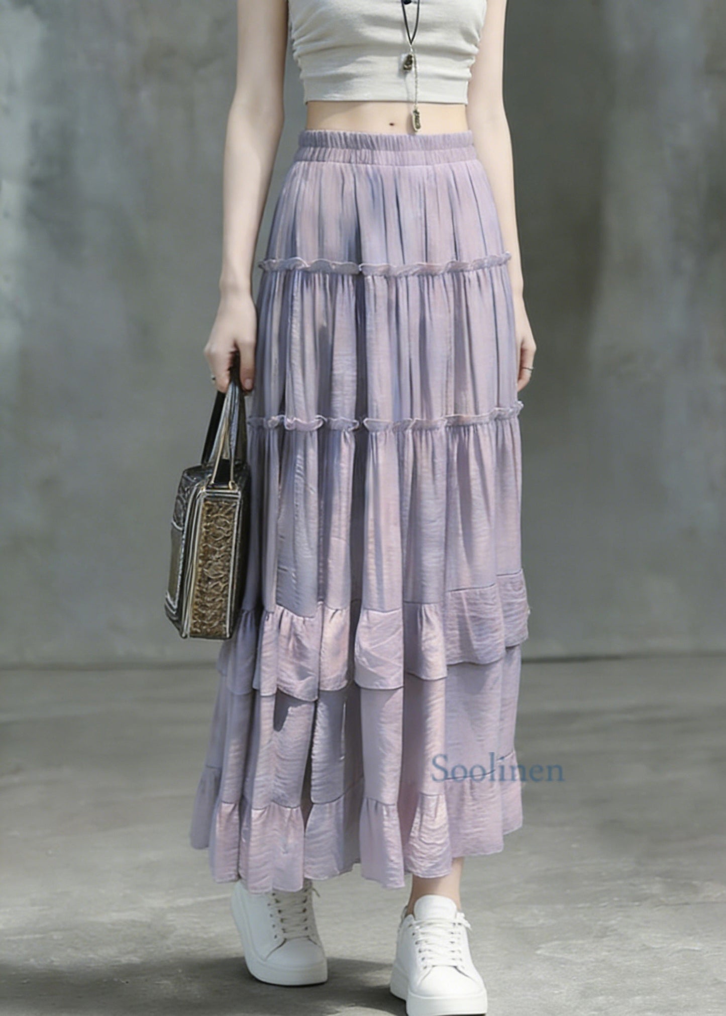 Art Purple Ruffled Patchwork Solid Maxi Skirts