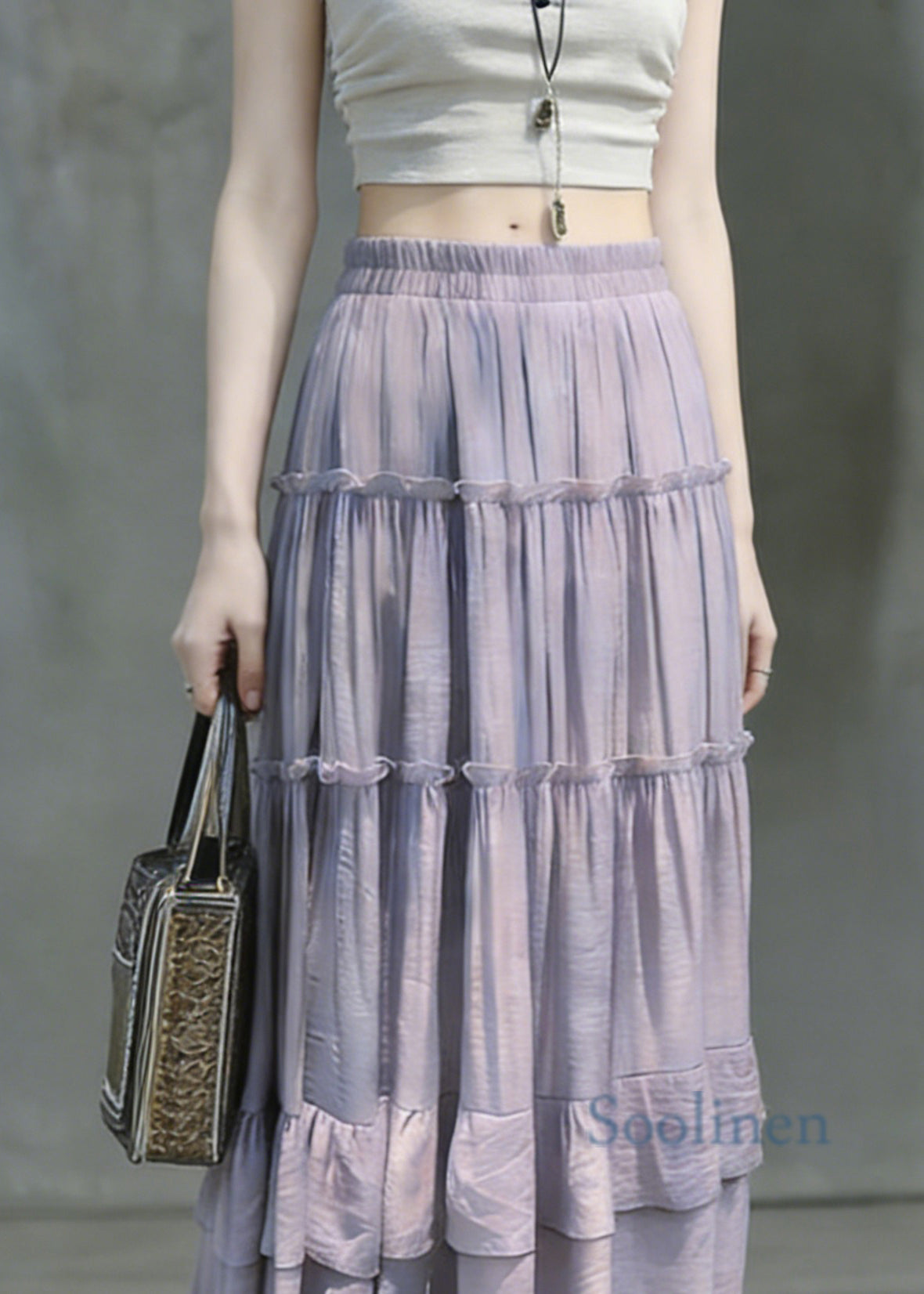 Art Purple Ruffled Patchwork Solid Maxi Skirts