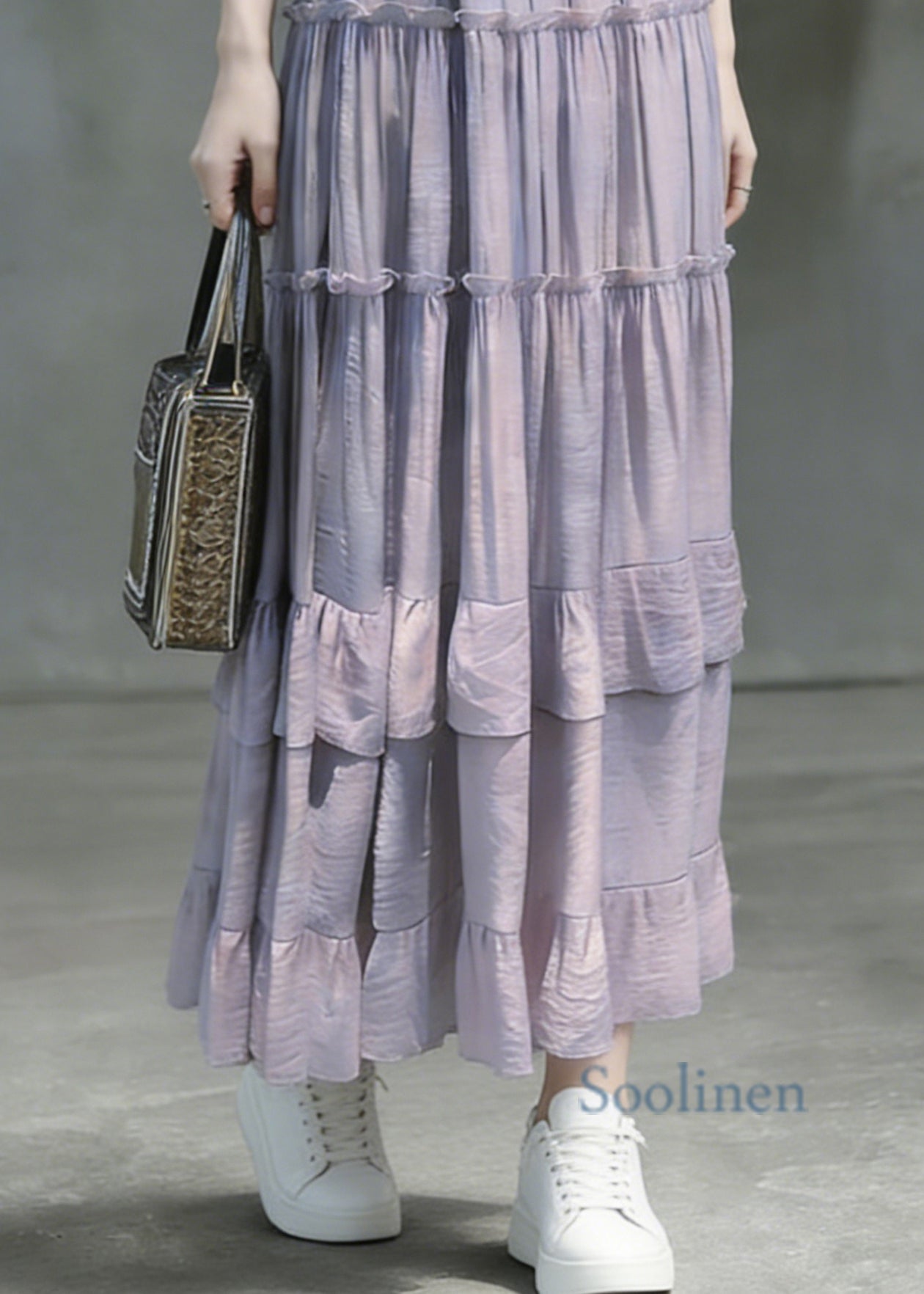Art Purple Ruffled Patchwork Solid Maxi Skirts