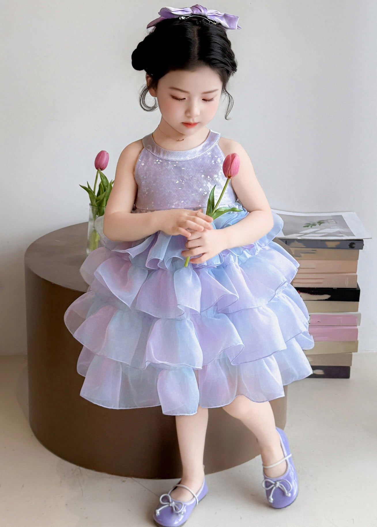 Art Purple Ruffled Tulle Kids Maxi Dress Sleeveless