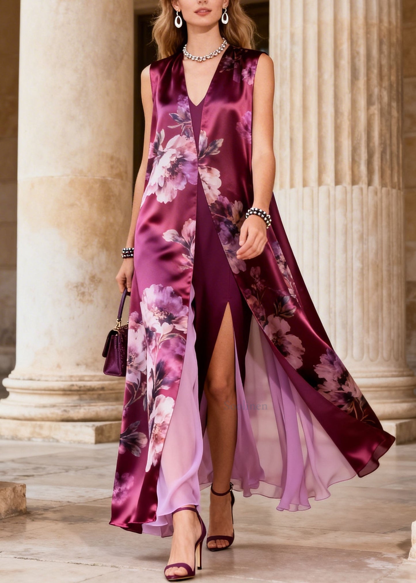 Art Purple V Neck Print False Two Pieces Chiffon Dresses Sleeveless