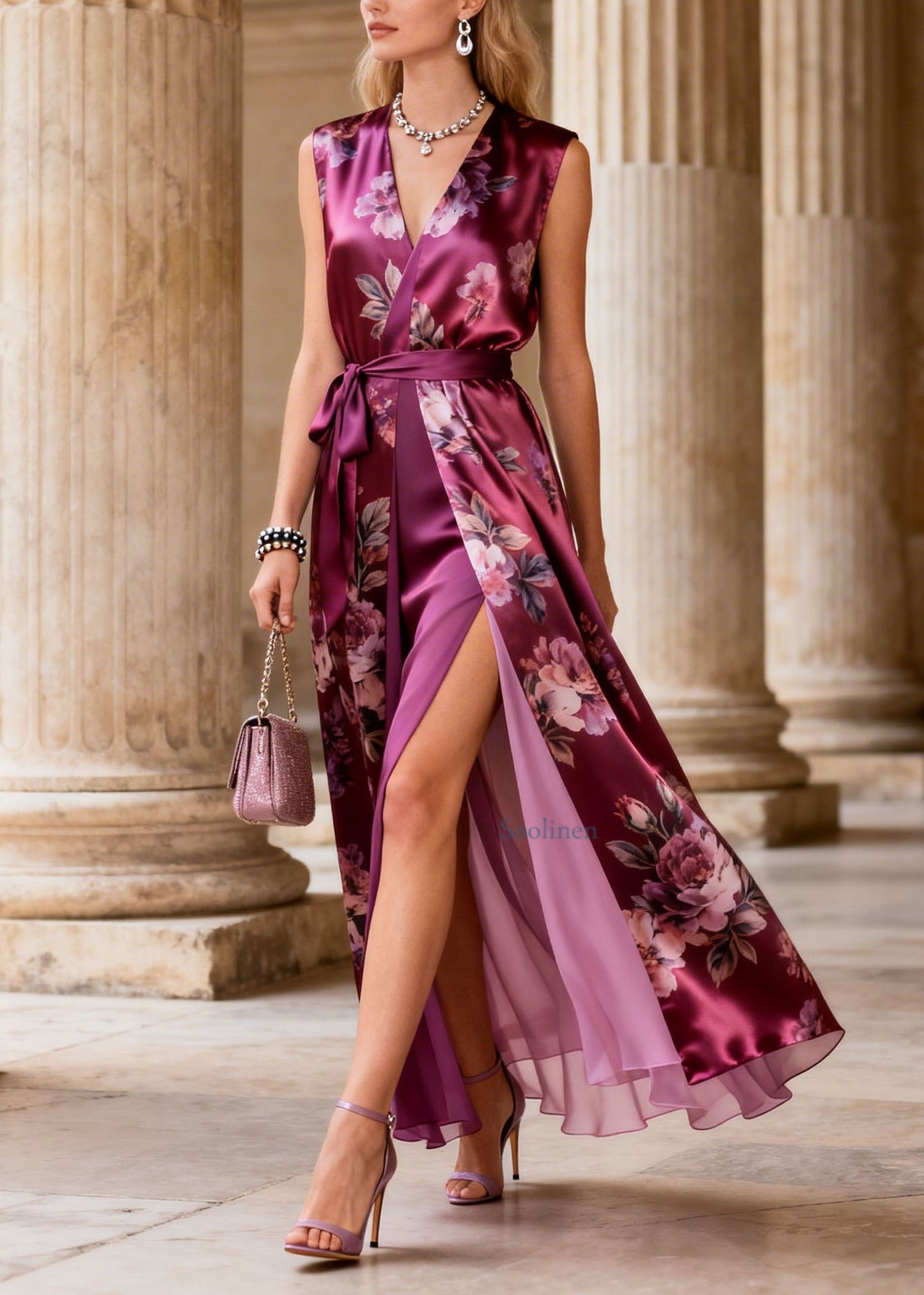 Art Purple V Neck Print Lace Up Silk Maxi Dresses Summer