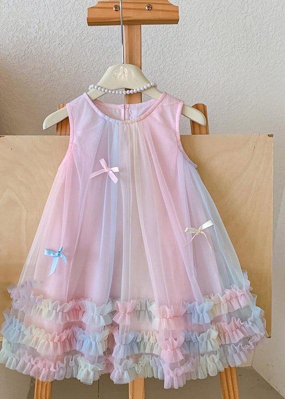 Art Rainbow O-Neck Patchwork Bow Tulle Girls Long Dress Summer