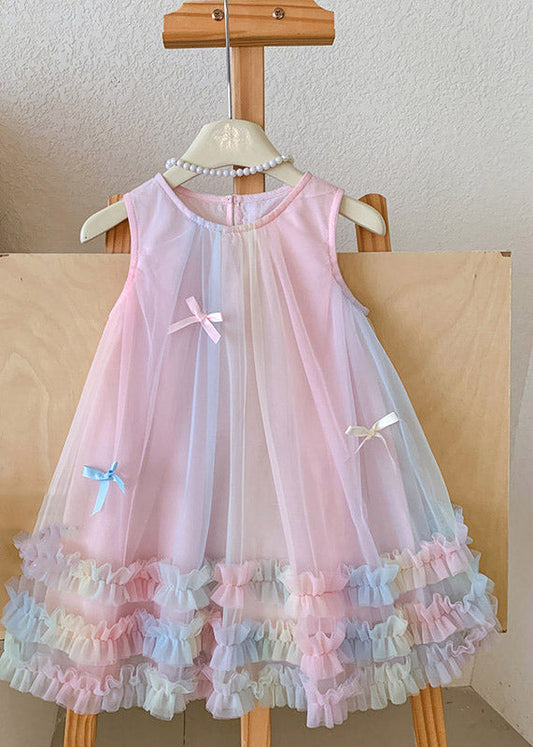 Art Rainbow O-Neck Patchwork Bow Tulle Girls Long Dress Summer