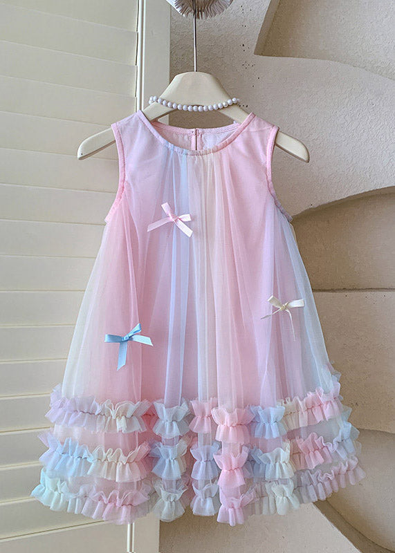 Art Rainbow O-Neck Patchwork Bow Tulle Girls Long Dress Summer