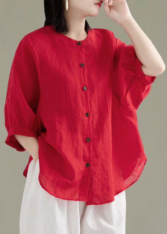 Art Print2 O-Neck Button Linen Loose Shirt Top Lantern Sleeve