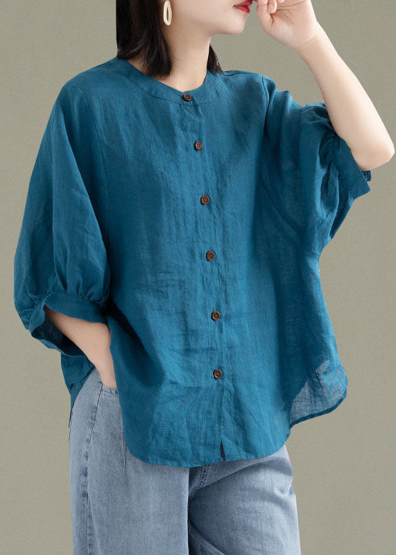 Art Print1 O-Neck Button Linen Loose Shirt Top Lantern Sleeve