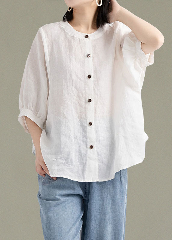 Art Print2 O-Neck Button Linen Loose Shirt Top Lantern Sleeve