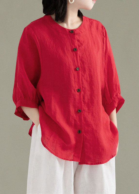 Art Print1 O-Neck Button Linen Loose Shirt Top Lantern Sleeve