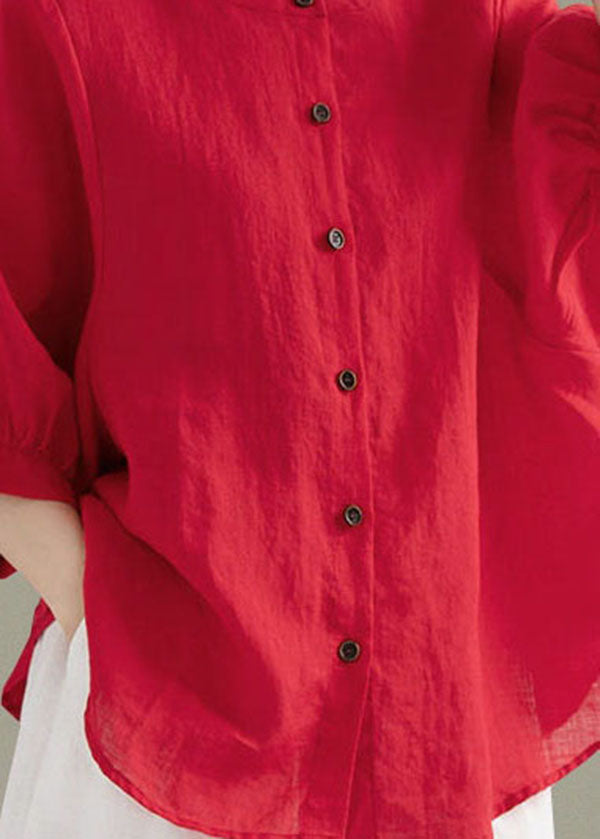 Art Print1 O-Neck Button Linen Loose Shirt Top Lantern Sleeve