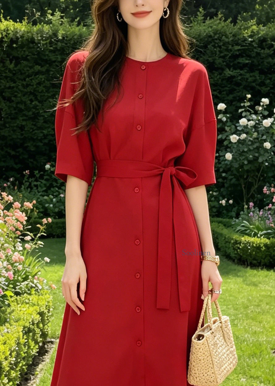 Art Red O-Neck Tie Waist Button Maxi Shirt Dress Summer