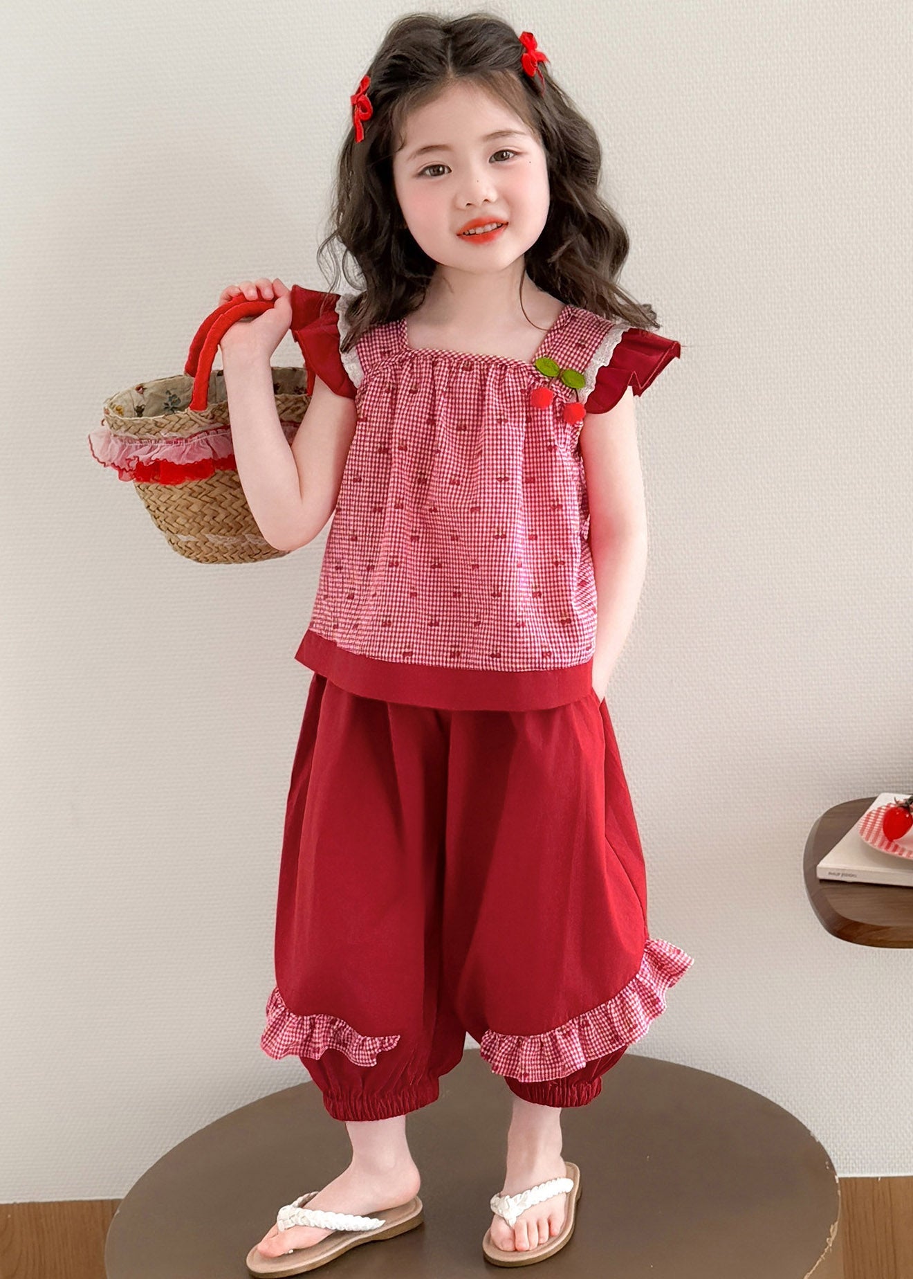 Art Red Plaid Patchwork Girls Vest And Lantern Pants Two Piece Set Summer