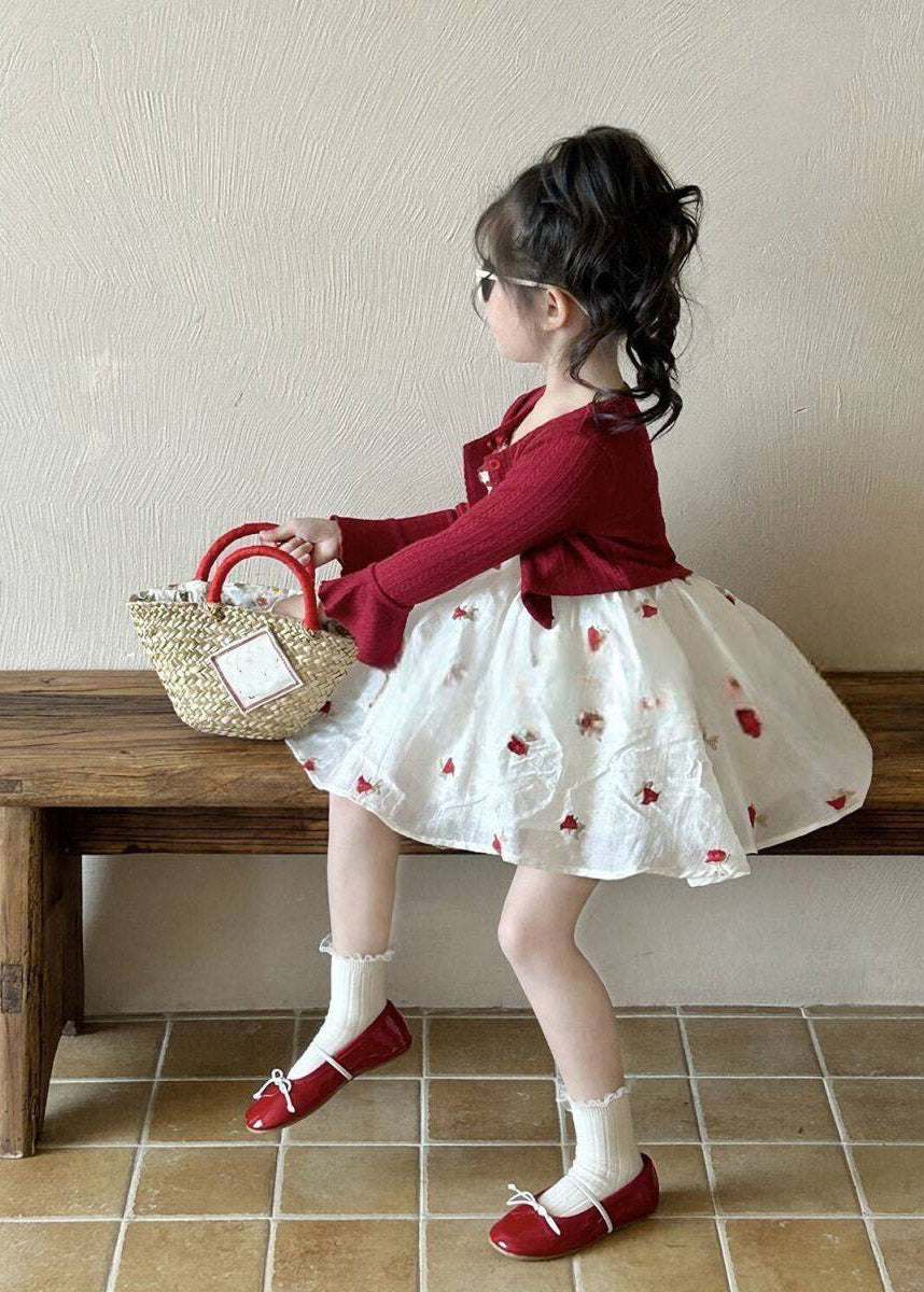 Art Red Print Kids Cardigan And Mid Dress Two Piece Set Spring