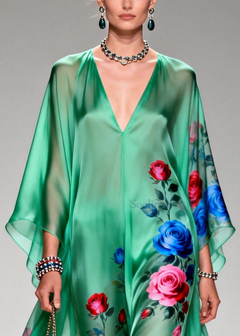 Art Tea Green Oversized Floral Print Chiffon Long Dresses Summer
