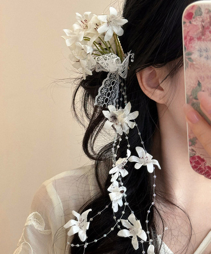 Art White Alloy Pearl Floral Tassel A Pair Hairpin