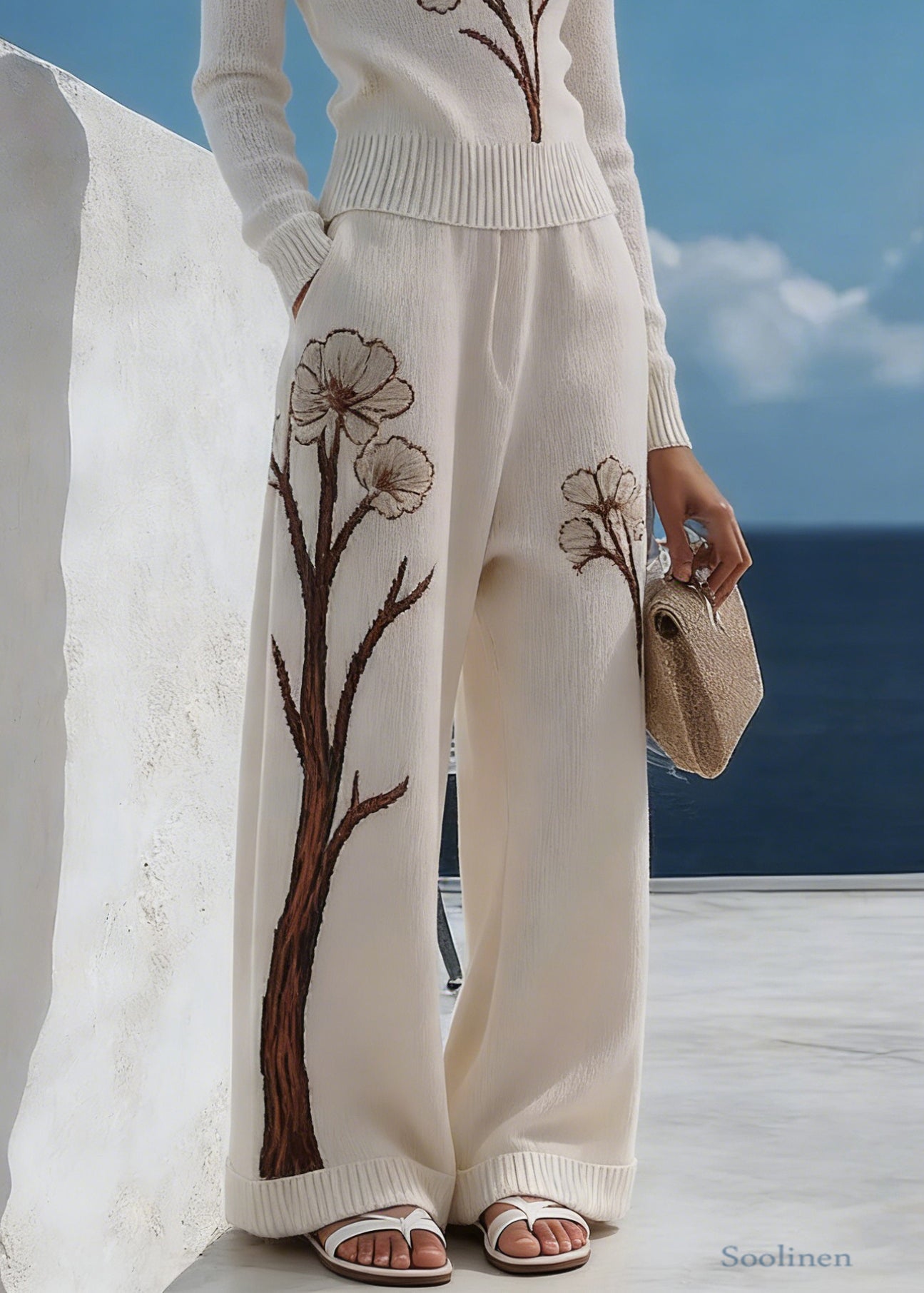 Art White V Neck Print Pockets Knit Two Pieces Set Spring
