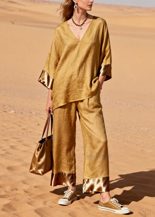 Art Yellow Oversized Patchwork Linen Two Pieces Set Spring