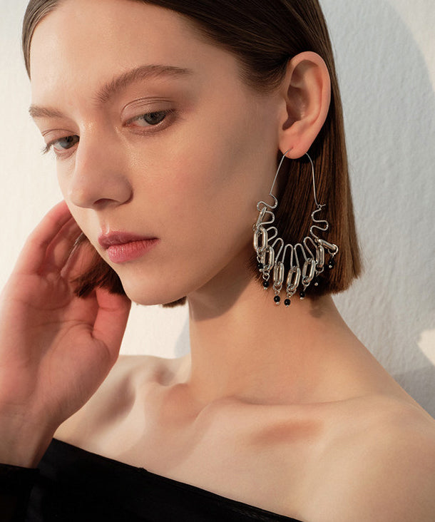 Avant-Garde Silver Paperclip Tassel Dangle Earrings