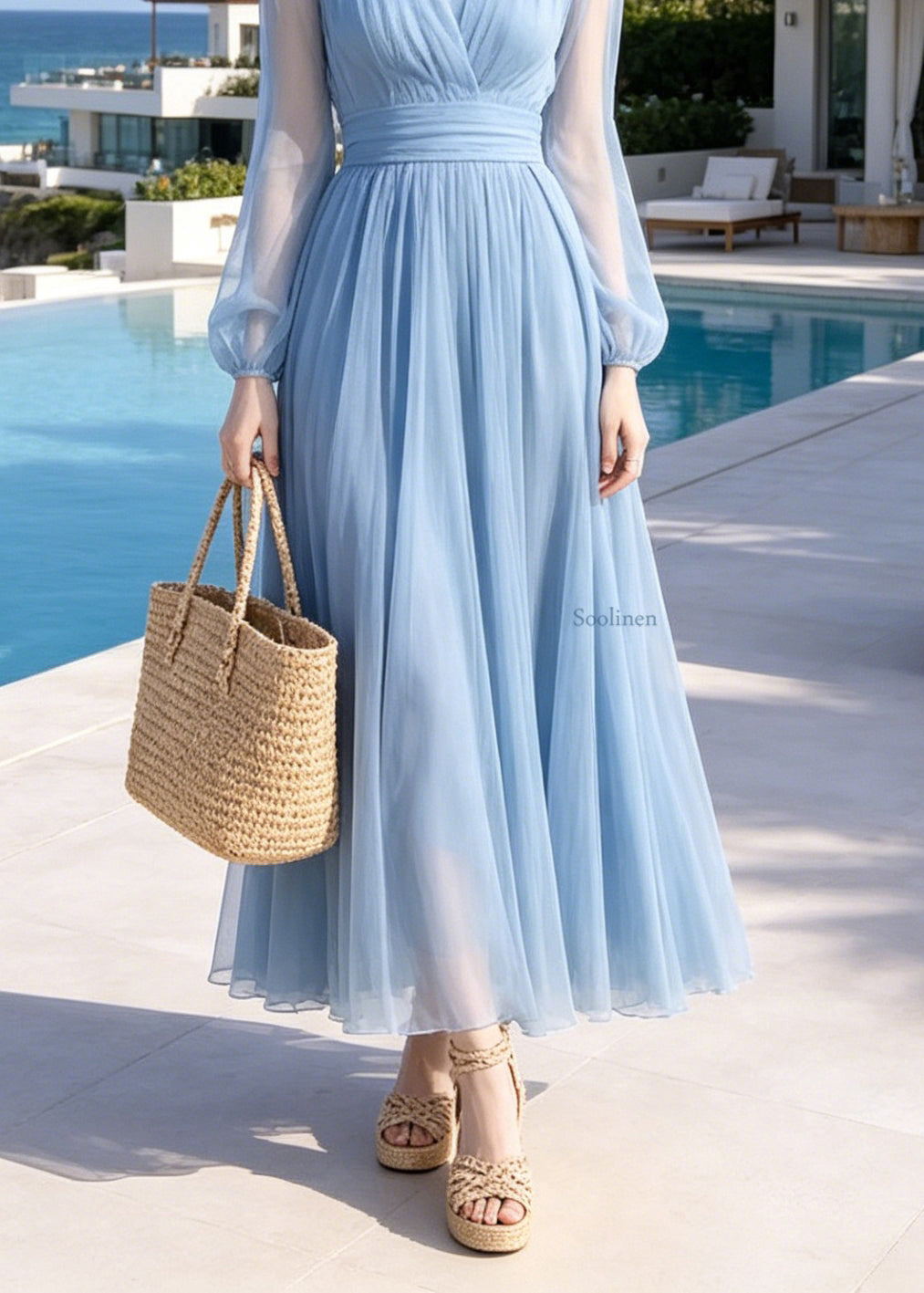 Beach Blue V Neck Patchwork Tunic Tulle Long Dresses Long Sleeve